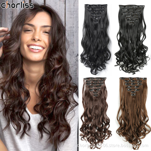 Wholesale Deep-Brown Ombre Clip-on Hair Extensions Long Curl Wavy High Resistant Synthetic Clip In Hair Extension For Women